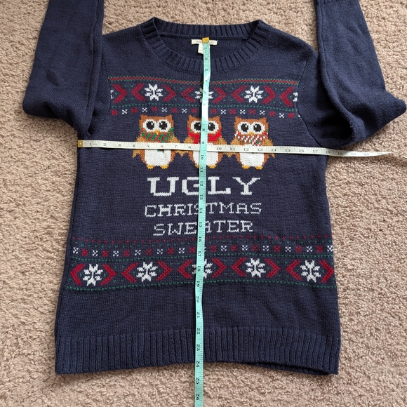 Belle Du Jour Navy Blue Ugly Christmas Owl Snowflake Sweater Size Medium - Picture 8 of 9